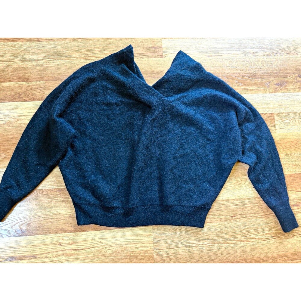 IRIS & INK Women’s Cashmere Black Sweater S Knit V-Neck Pullover Ribbed Trim